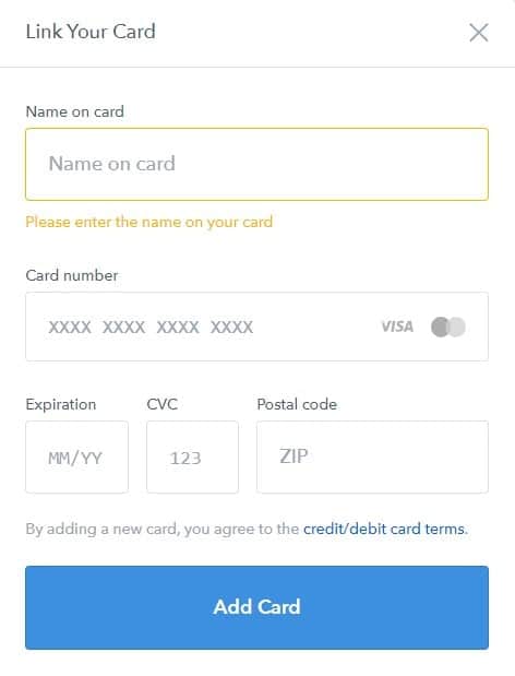 coinbase can t add debit card