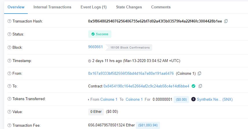 CoinOne Transaction For 656 ETH. Source: etherscan.io