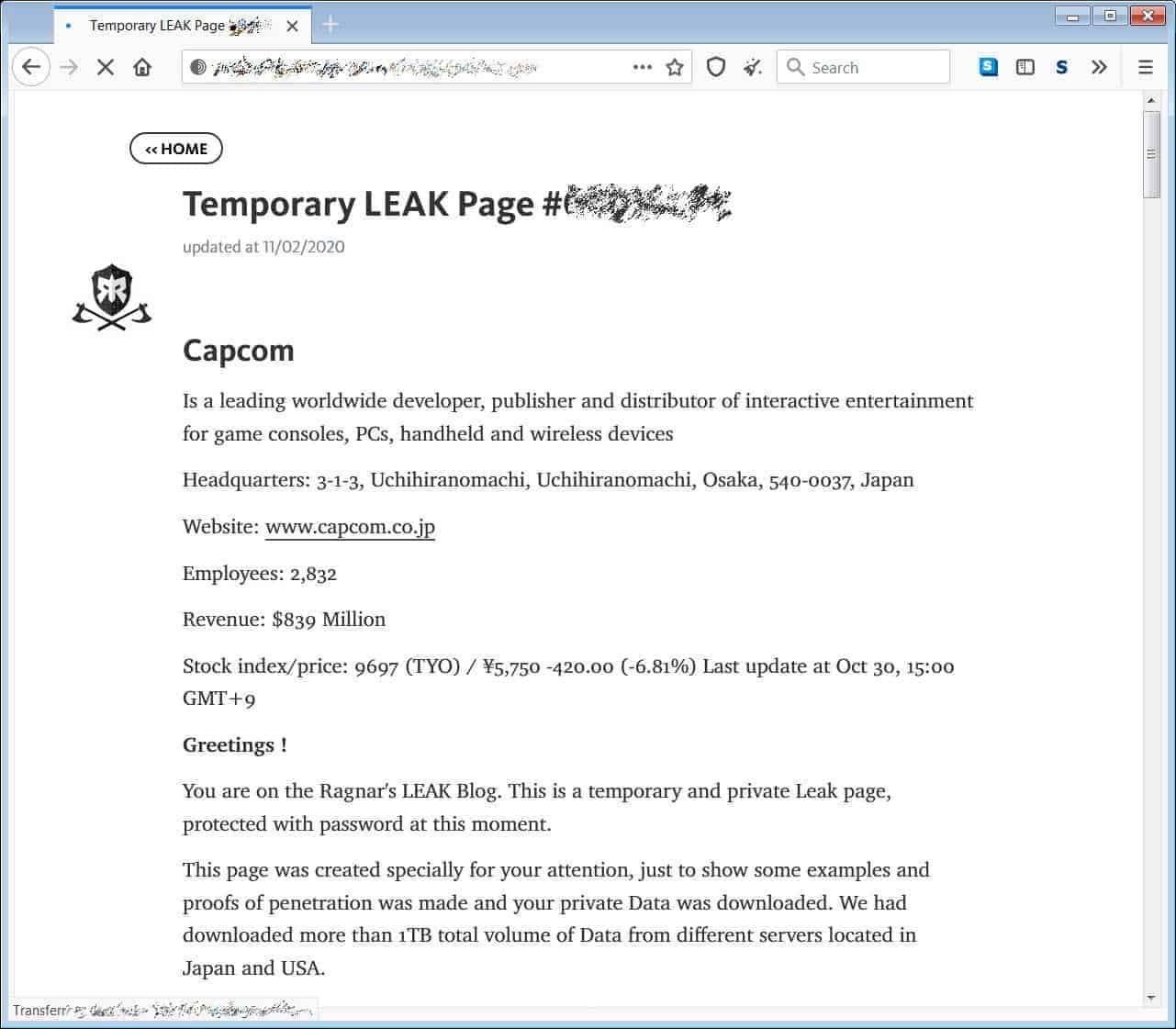 Capcom temporary data leak page