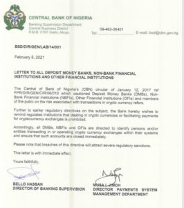 letter from the central bank of nigeria