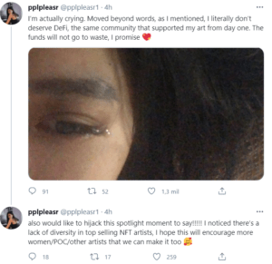 PplPleasr Tweet thanking the community after selling her NFT