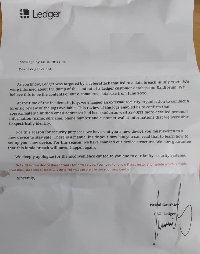 Fake Letter Sent to a Ledger User. Source: Reddit