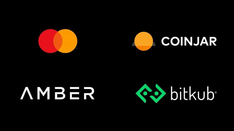 Logos of Mastercard, Amber, Coinjar and Bitkub. Source: Mastercard