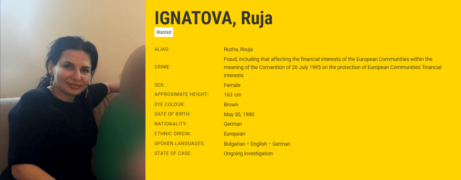 Ruja Ignatova is now on the Most Wanted list of the Europol. Image: Europol