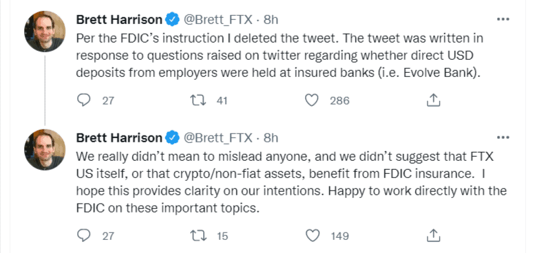 Tweets by FTX US President Brett Harrison. Source: Twitter