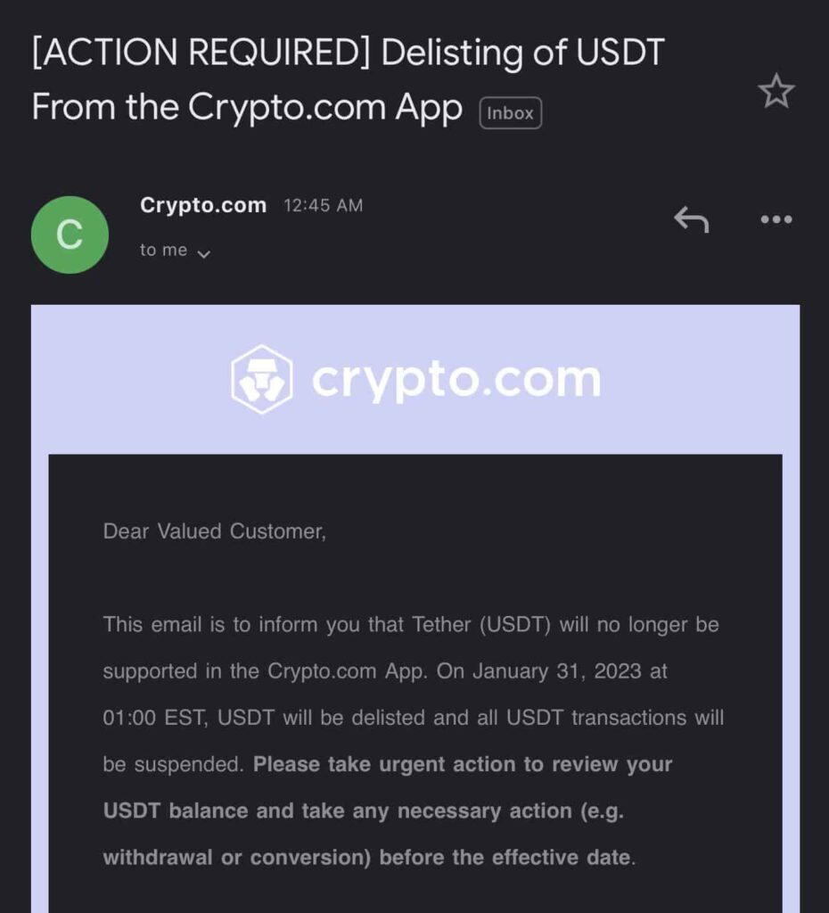 Screen Capture of the email announcing the delisting of USDT from Crypto.com in Canada