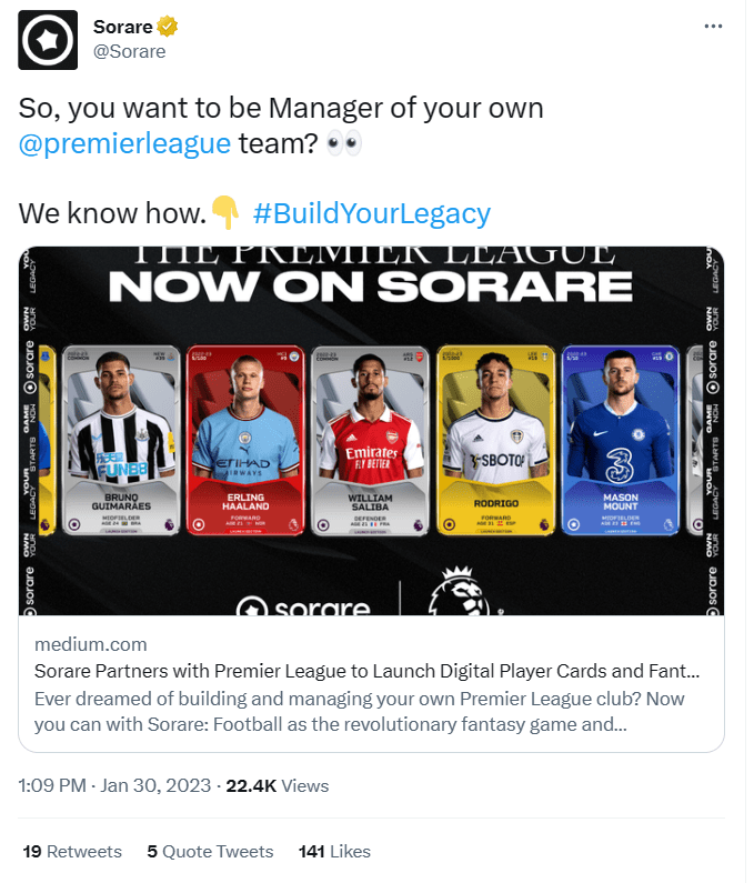 Sorare - Premier League Announcement. Image: Twitter