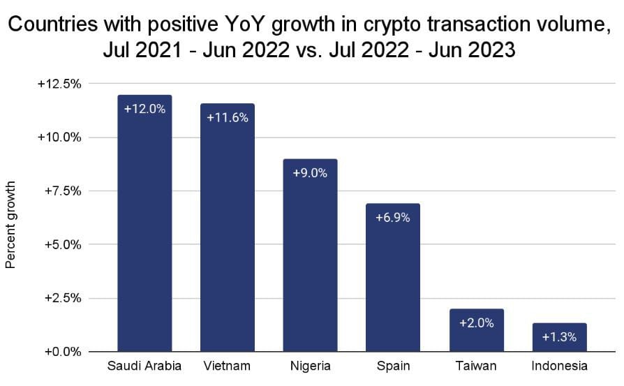 Countries With Positive YoY Crypto Transaction Volume Growth. Source: Chainalysis